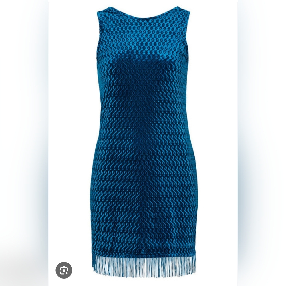 Topshop Women's Vibrant Blue Fringed Sleeveless Textured Velvet Retro Dress 12